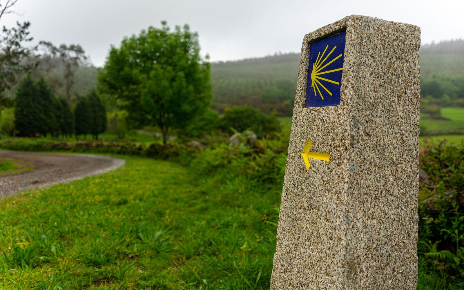 Značka s mušlí a šipkou ukazující cestu na Camino de Santiago